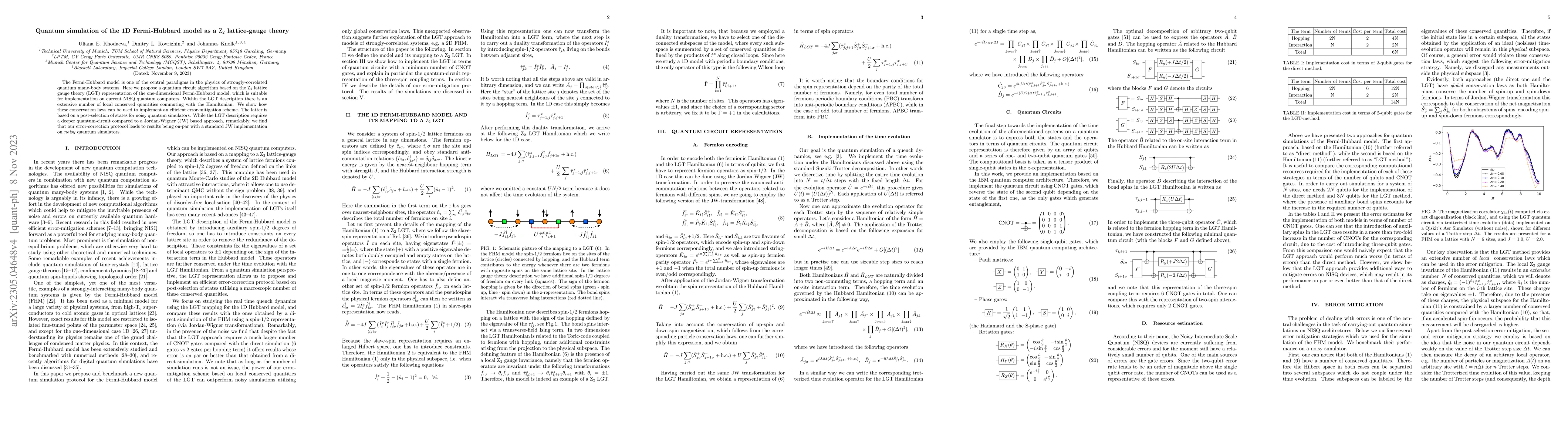 Thumbnail for Quantum simulation of the 1D Fermi-Hubbard model as a $\mathrm{Z}_2$
  lattice-gauge theory