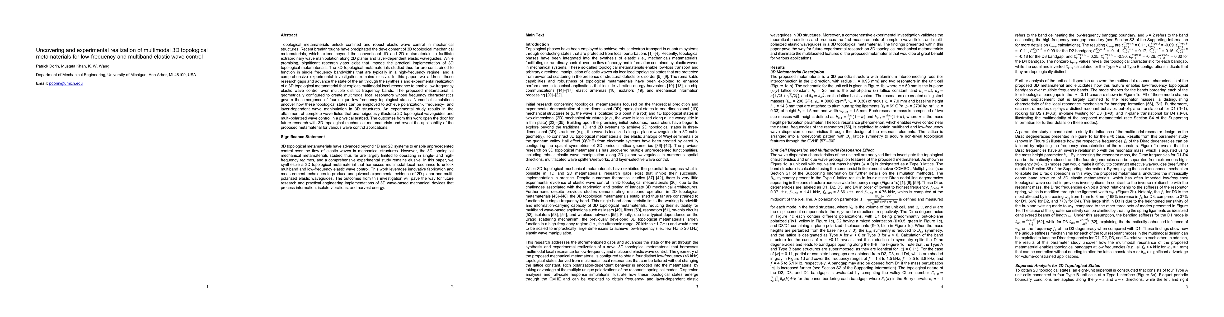Thumbnail for Uncovering and experimental realization of multimodal 3D topological
  metamaterials for low-frequency and multiband elastic wave control