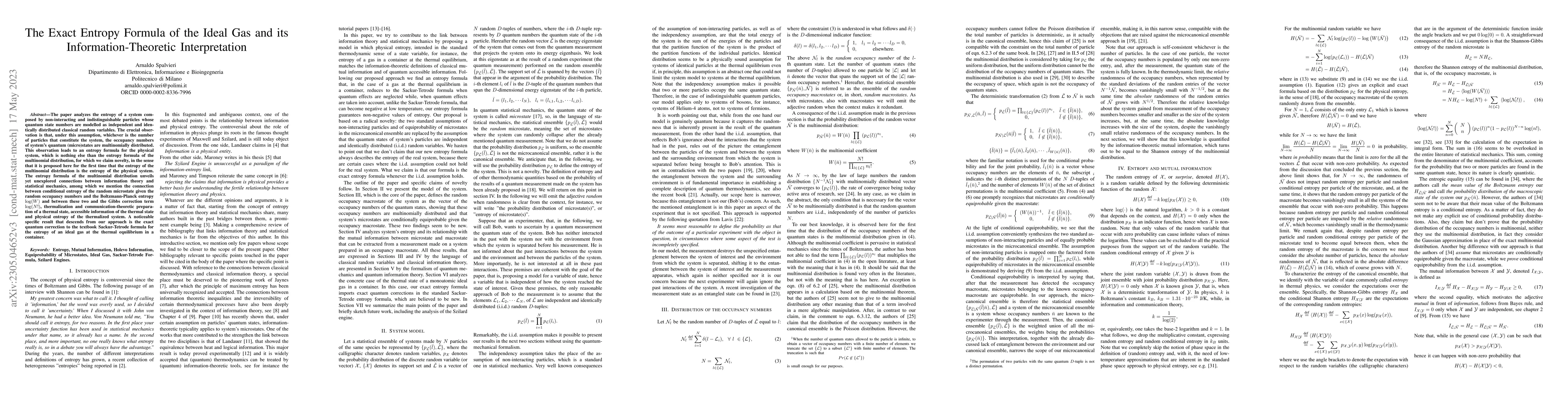 Thumbnail for The Exact Entropy Formula of the Ideal Gas and its Information-Theoretic
  Interpretation