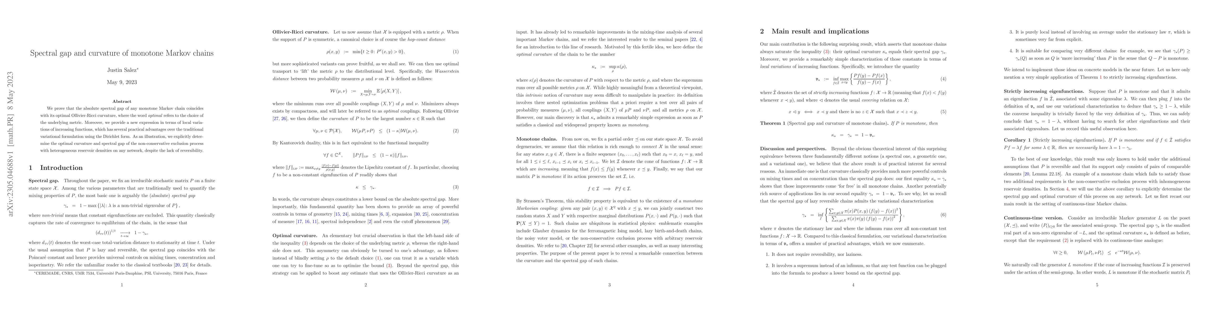 Thumbnail for Spectral gap and curvature of monotone Markov chains