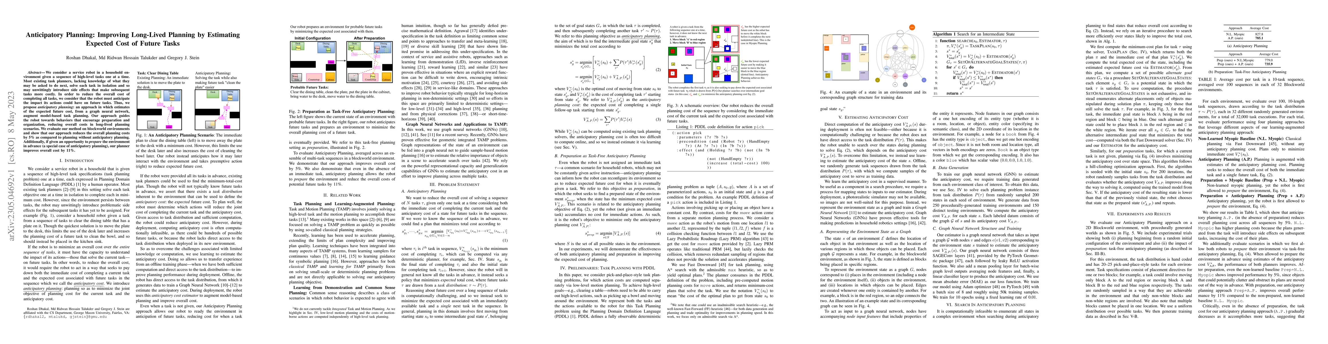 Thumbnail for Anticipatory Planning: Improving Long-Lived Planning by Estimating
  Expected Cost of Future Tasks