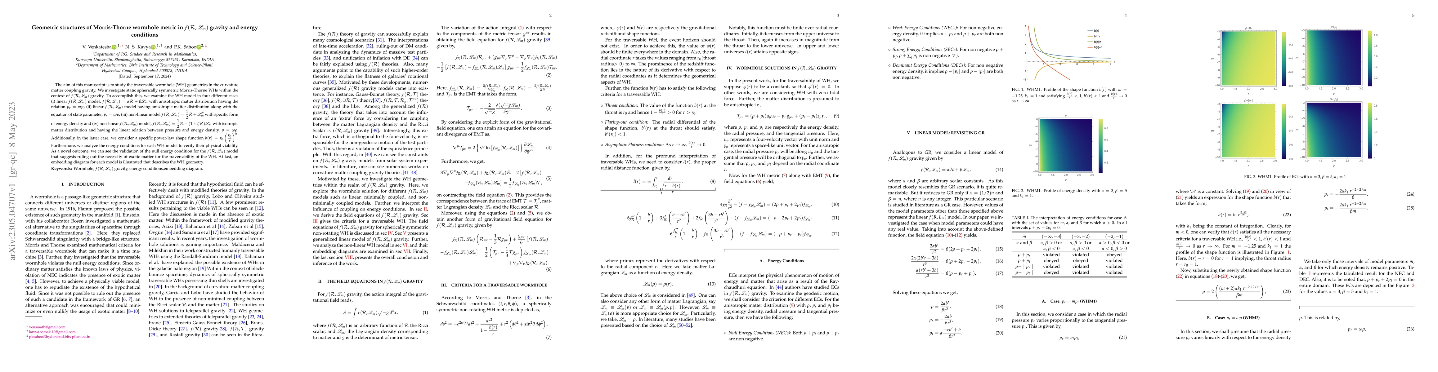 Thumbnail for Geometric structures of Morris-Thorne wormhole metric in $f(R,L_m)$
  gravity and energy conditions