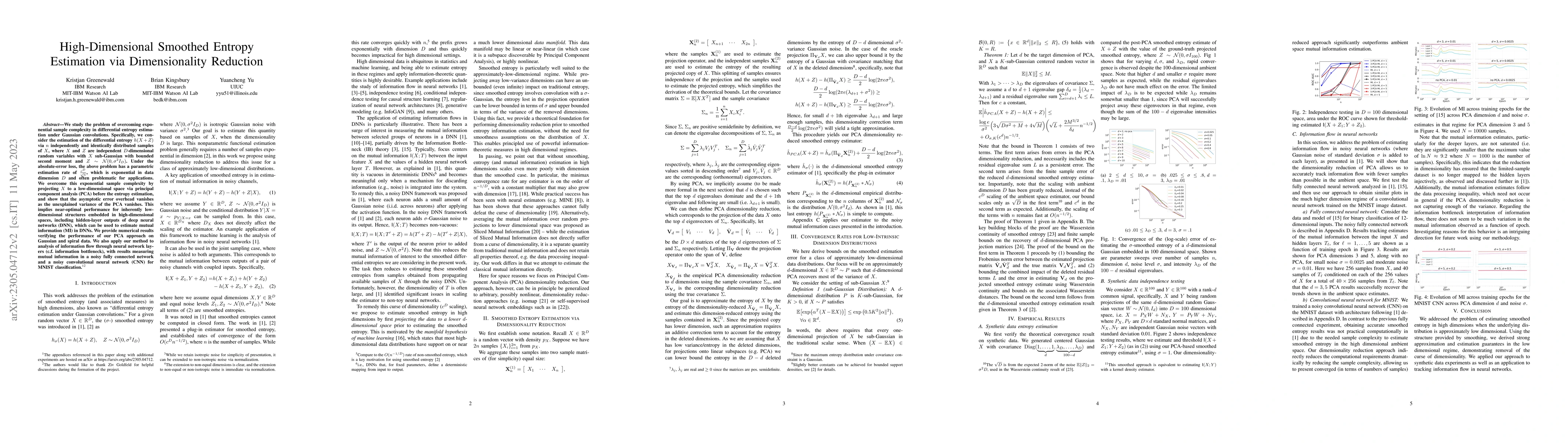 Thumbnail for High-Dimensional Smoothed Entropy Estimation via Dimensionality
  Reduction