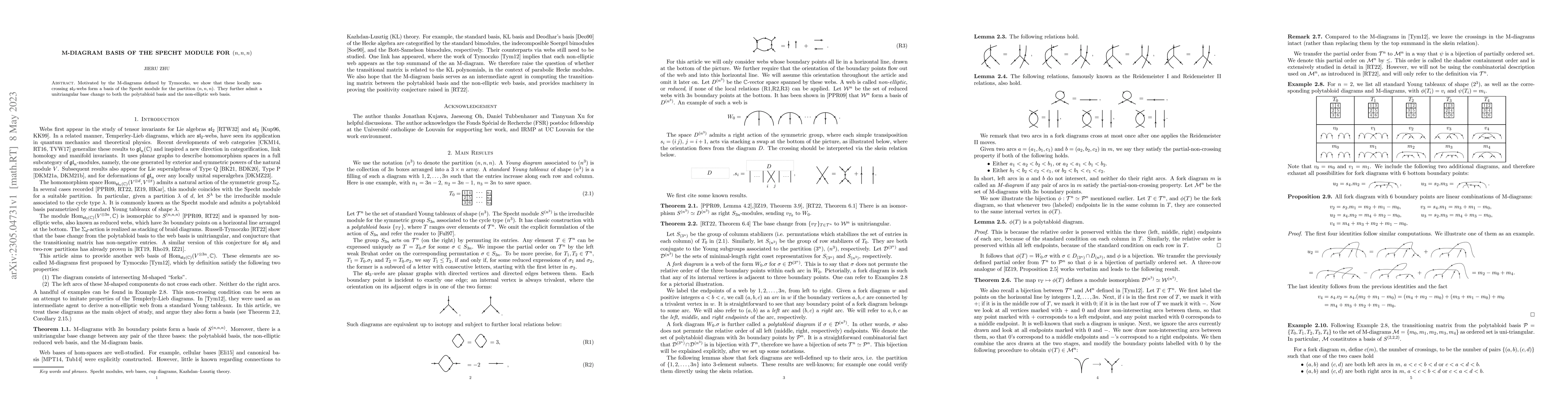 Thumbnail for M-diagram basis of the Specht module for $(n,n,n)$
