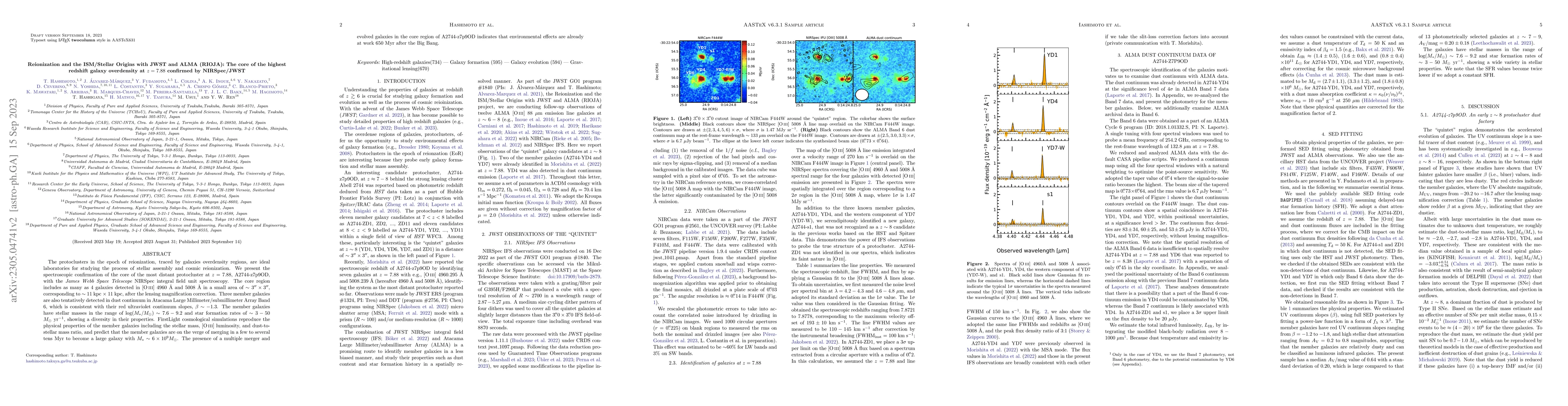Thumbnail for Reionization and the ISM/Stellar Origins with JWST and ALMA (RIOJA): The
  core of the highest redshift galaxy overdensity at $z = 7.88$ confirmed by
  NIRSpec/JWST
