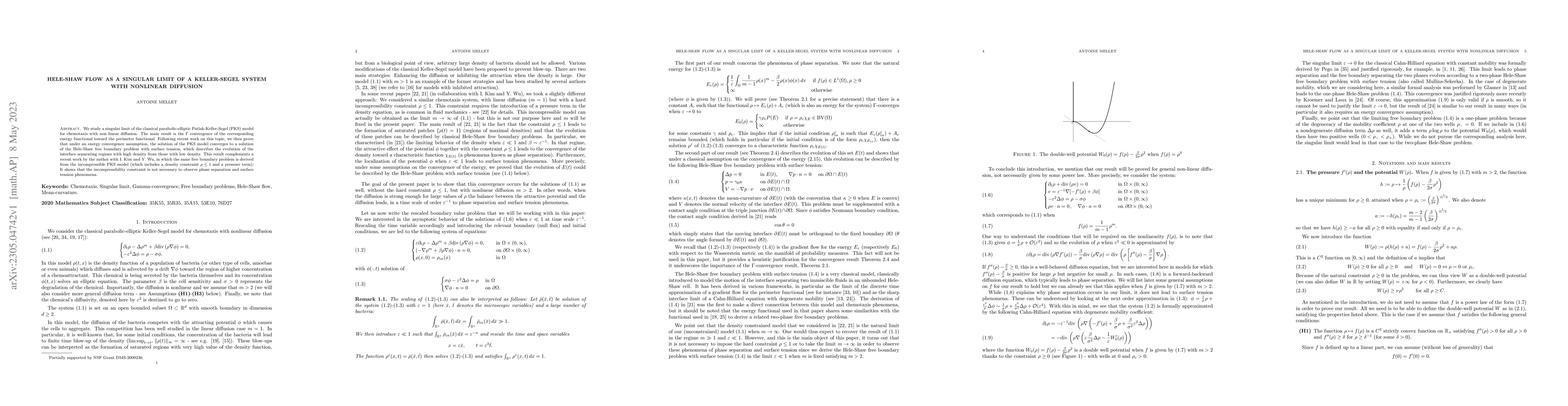 Thumbnail for Hele-Shaw flow as a singular limit of a Keller-Segel system with
  nonlinear diffusion