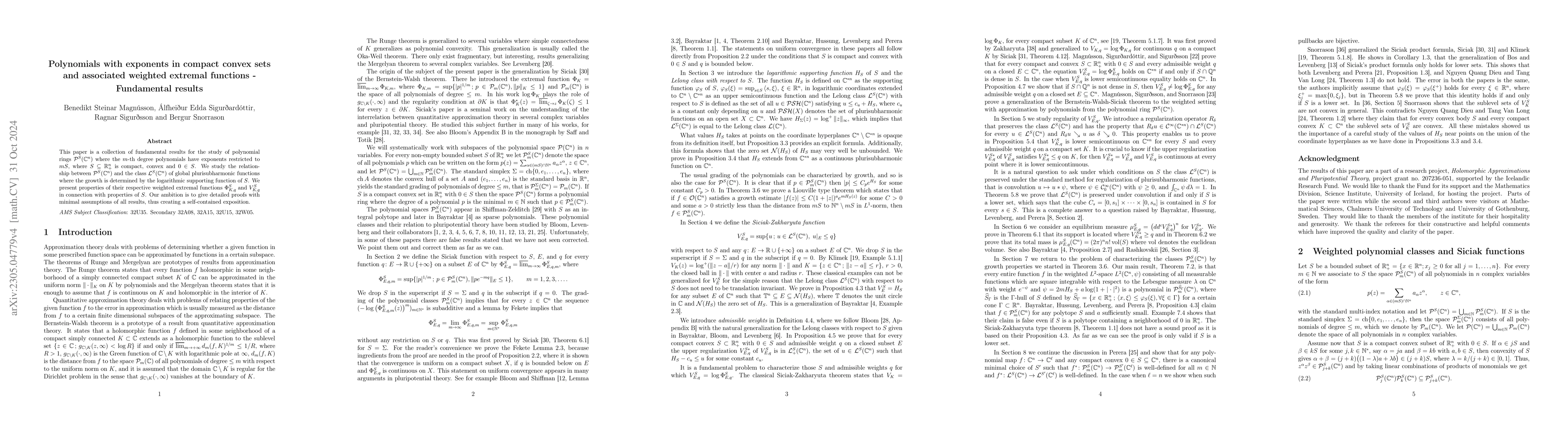 Thumbnail for Polynomials with exponents in compact convex sets and associated
  weighted extremal functions -- Fundamental results
