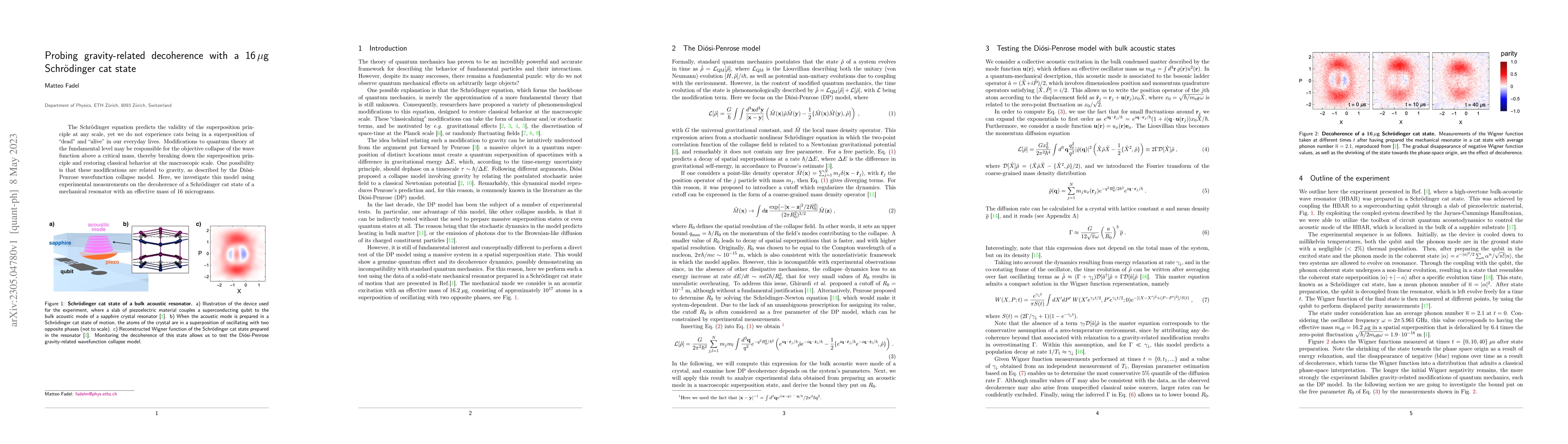 Thumbnail for Probing gravity-related decoherence with a 16 $\mu$g Schr\"odinger cat
  state