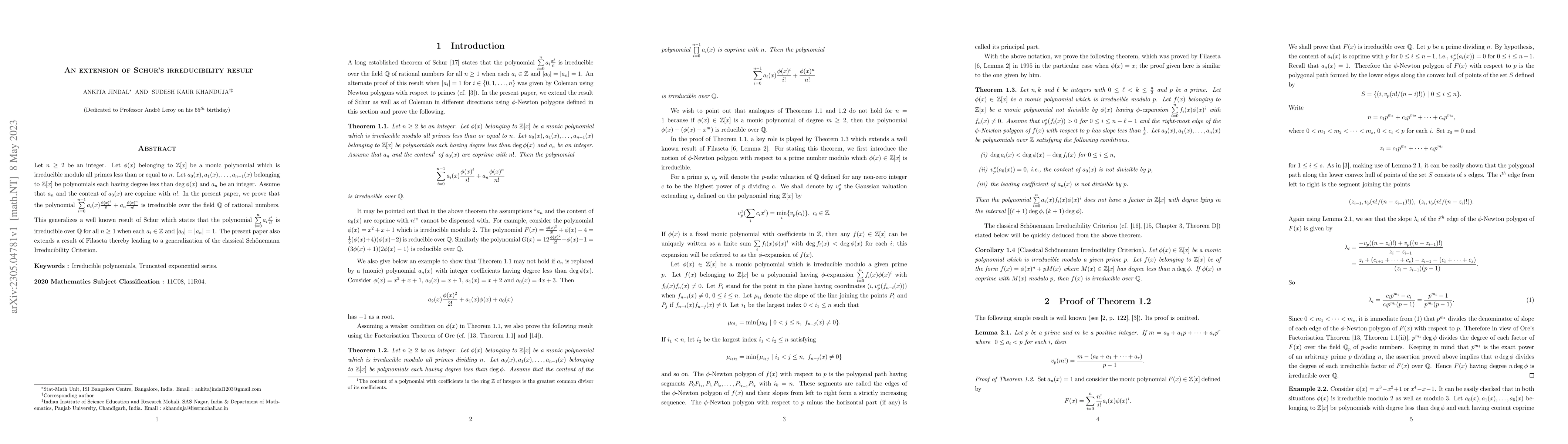 Thumbnail for An extension of Schur's irreducibility result