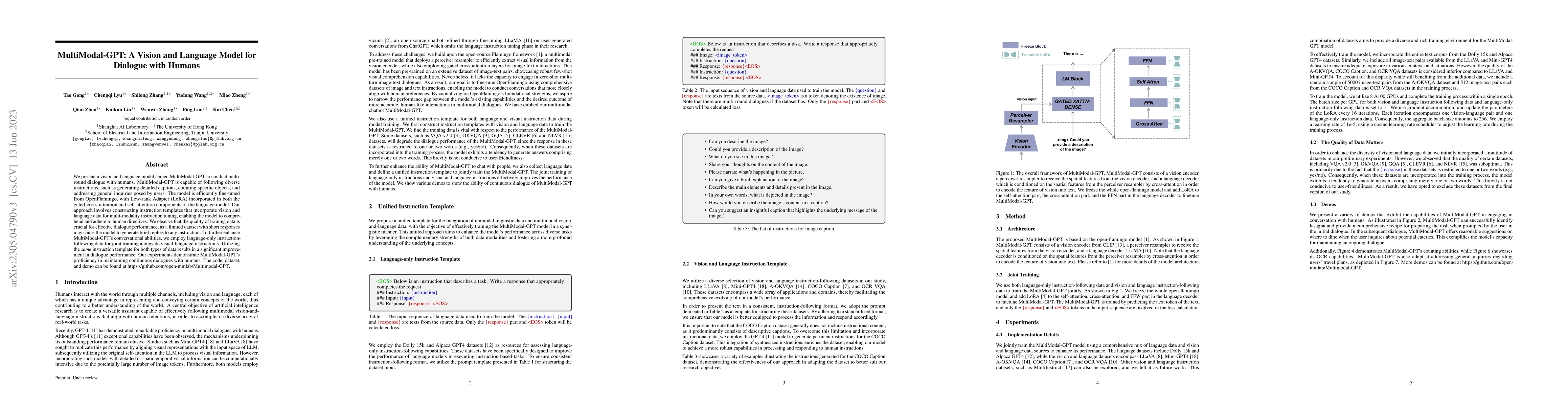 Thumbnail for MultiModal-GPT: A Vision and Language Model for Dialogue with Humans