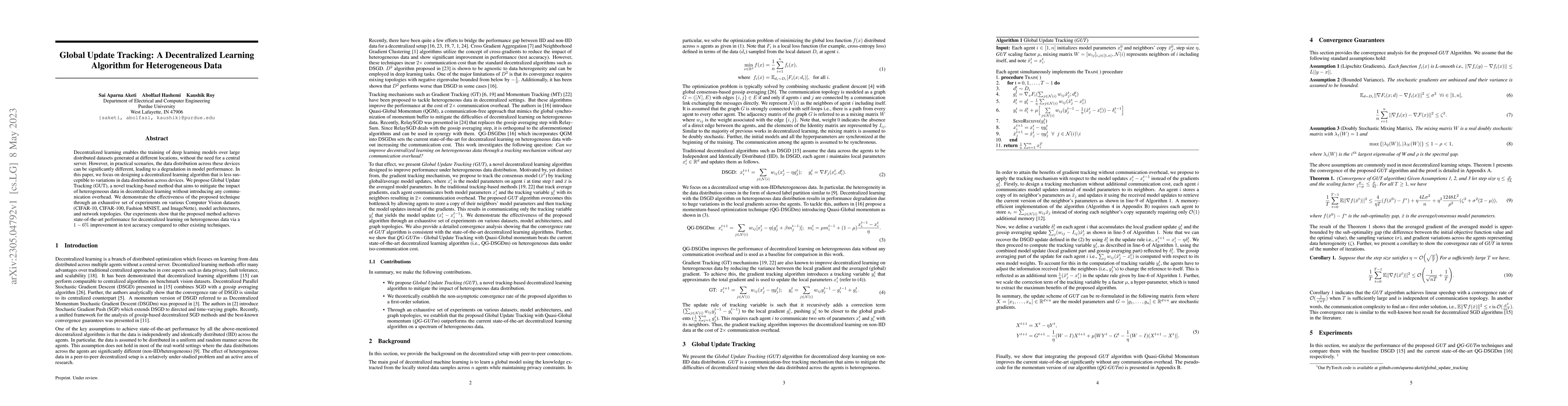 Thumbnail for Global Update Tracking: A Decentralized Learning Algorithm for
  Heterogeneous Data