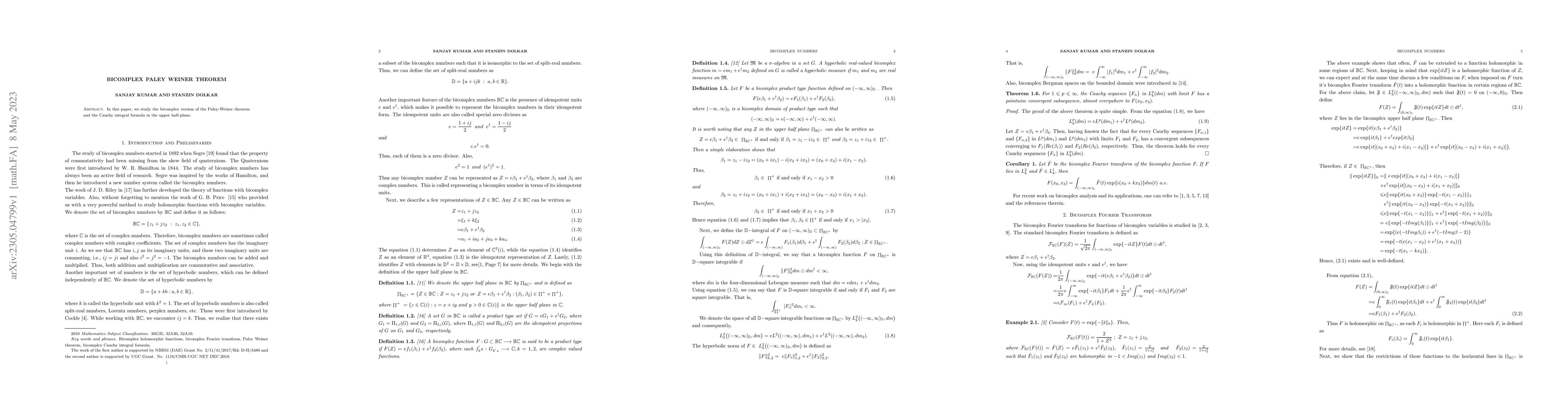 Thumbnail for Bicomplex Paley Weiner Theorem