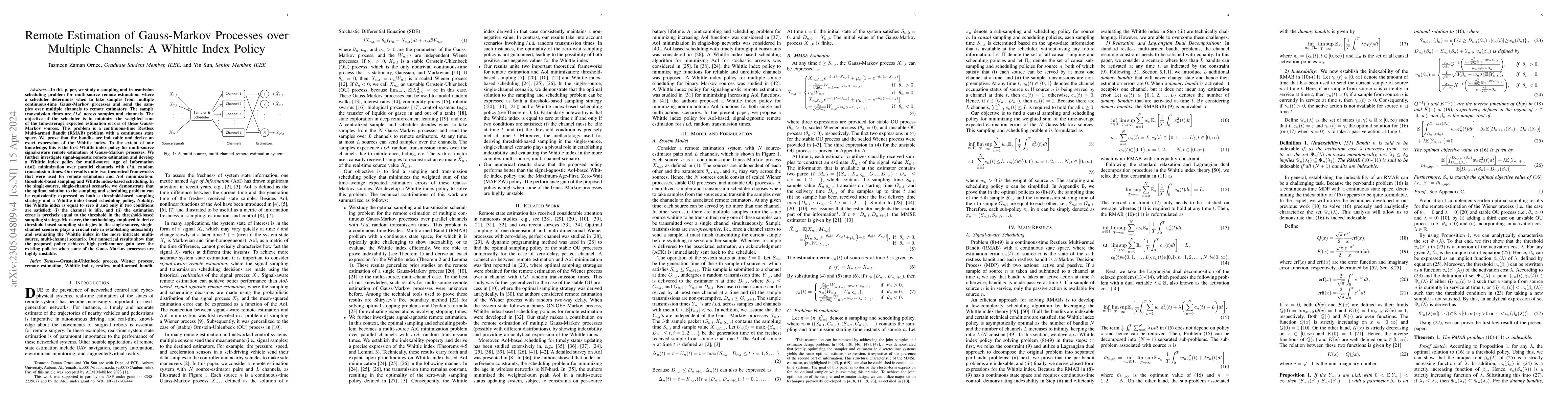Thumbnail for Remote Estimation of Gauss-Markov Processes over Multiple Channels: A
  Whittle Index Policy