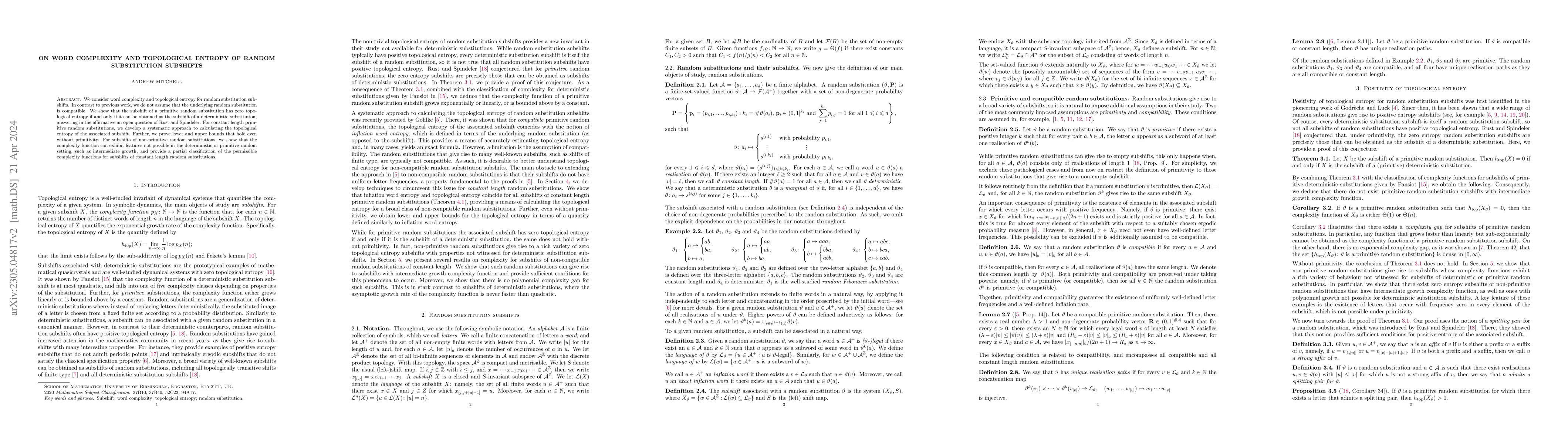 Thumbnail for On word complexity and topological entropy of random substitution
  subshifts