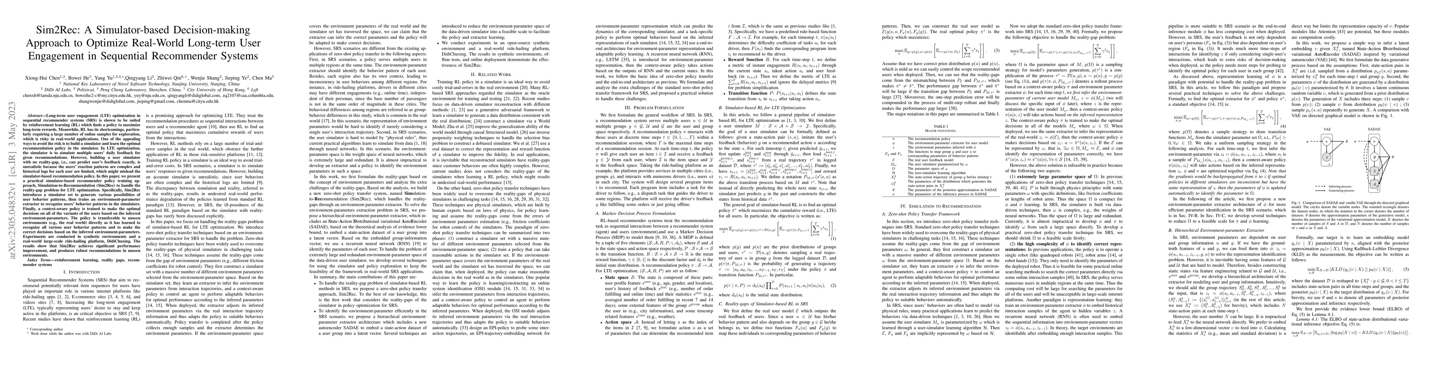 Thumbnail for Sim2Rec: A Simulator-based Decision-making Approach to Optimize
  Real-World Long-term User Engagement in Sequential Recommender Systems