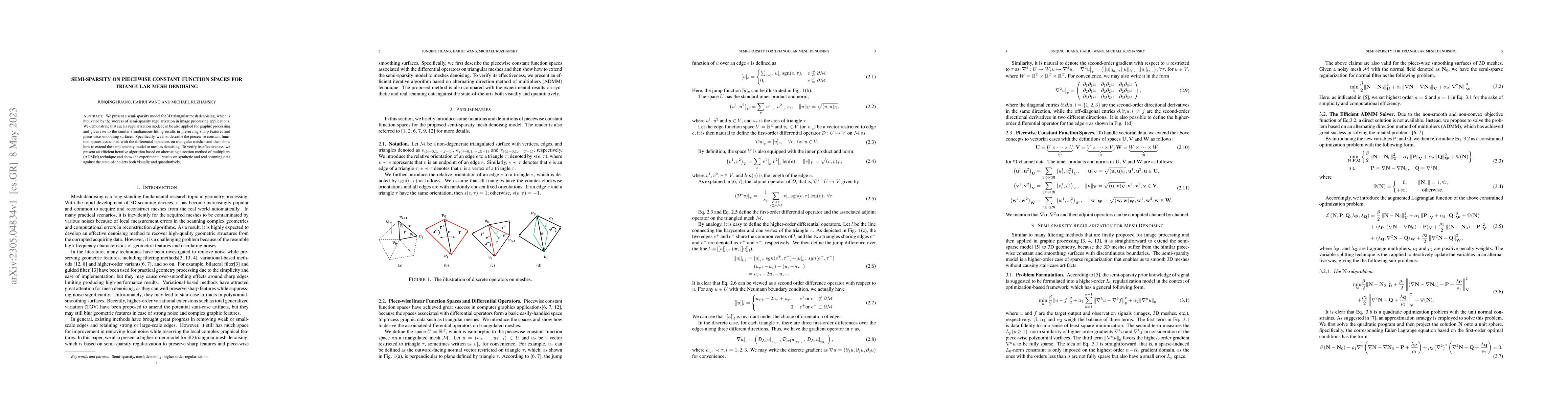 Thumbnail for Semi-sparsity on Piecewise Constant Function Spaces for Triangular Mesh
  Denoising