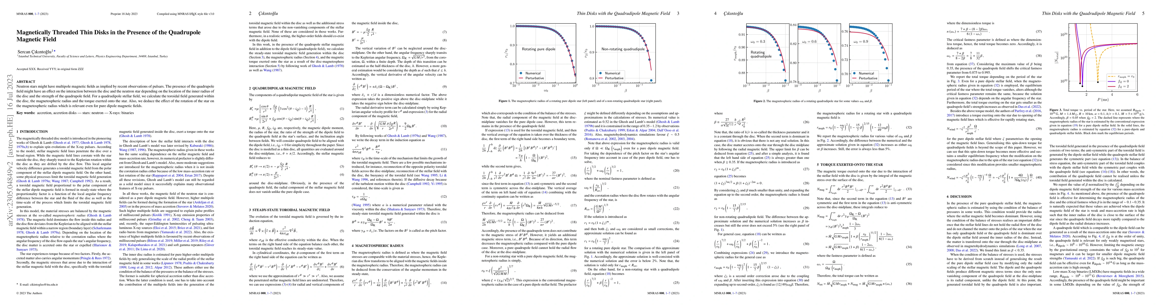 Thumbnail for Magnetically Threaded Thin Disks in the Presence of the Quadrupole
  Magnetic Field