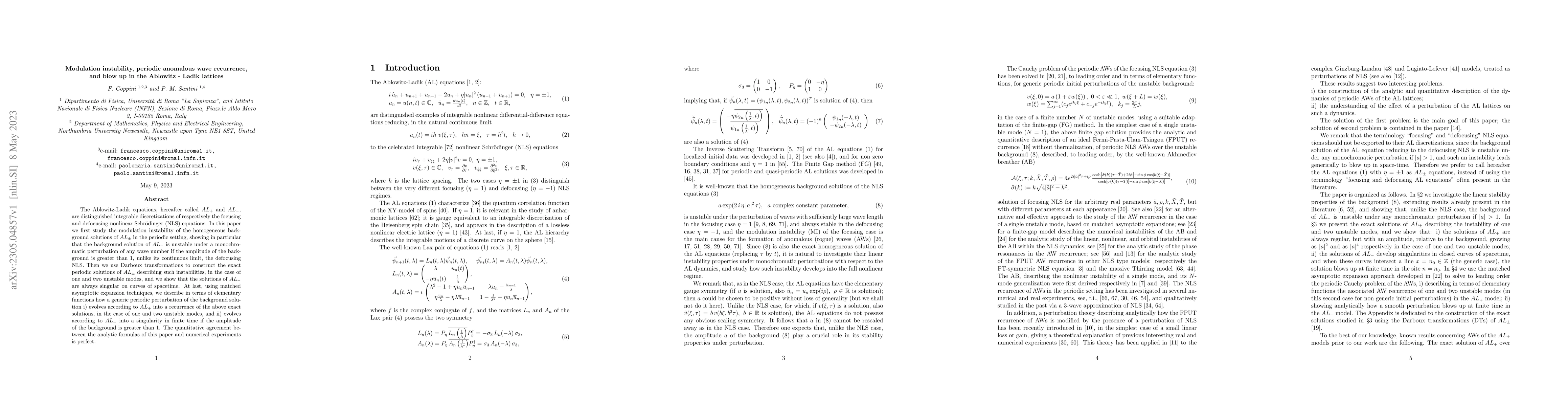 Thumbnail for Modulation instability, periodic anomalous wave recurrence, and blow up
  in the Ablowitz-Ladik lattices