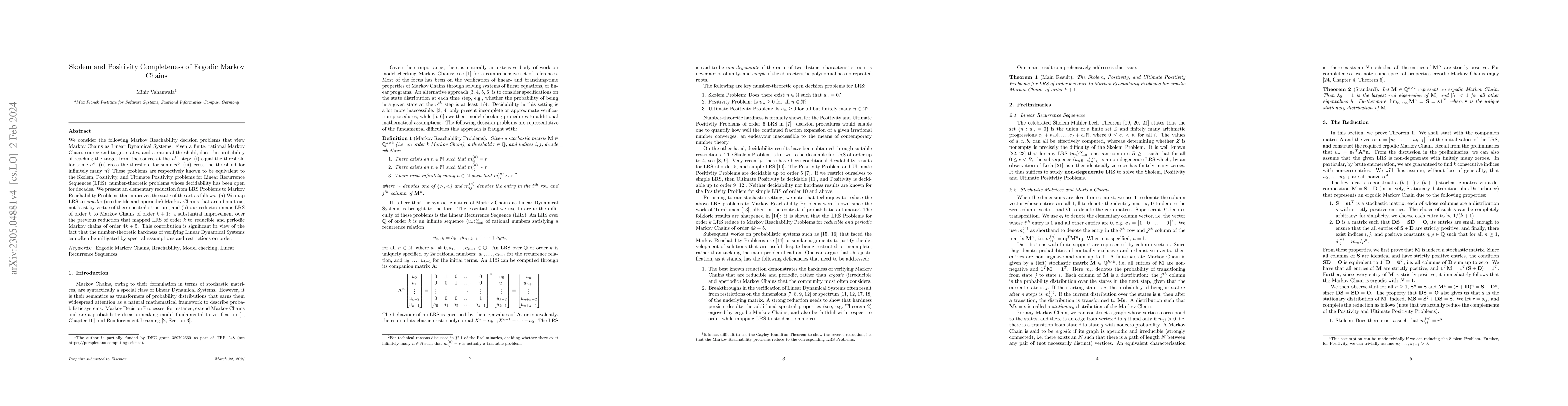 Thumbnail for Skolem and Positivity Completeness of Ergodic Markov Chains