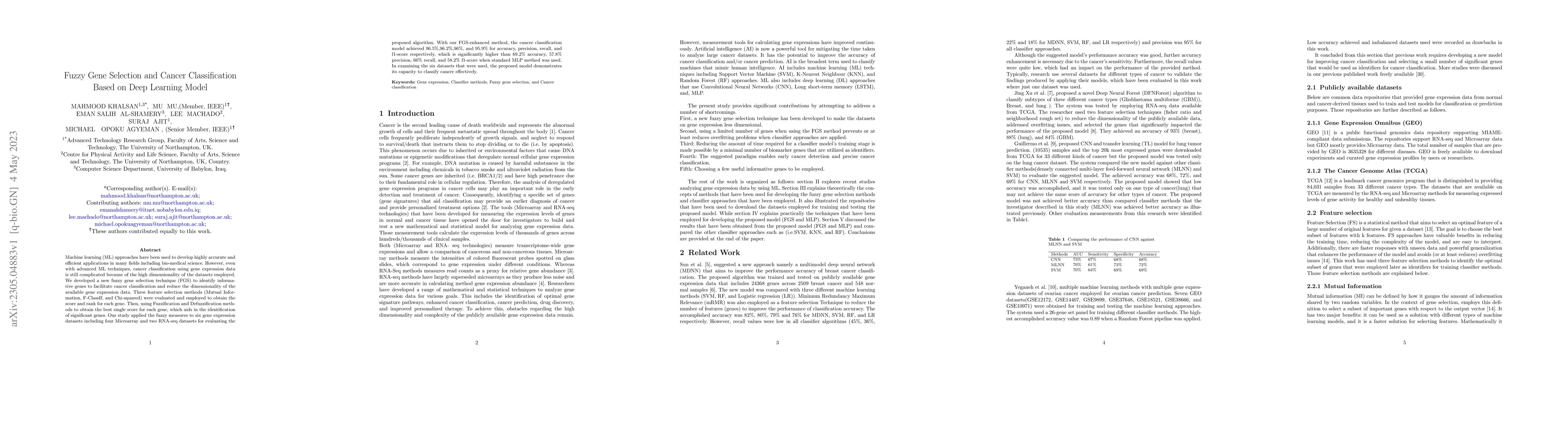 Thumbnail for Fuzzy Gene Selection and Cancer Classification Based on Deep Learning
  Model