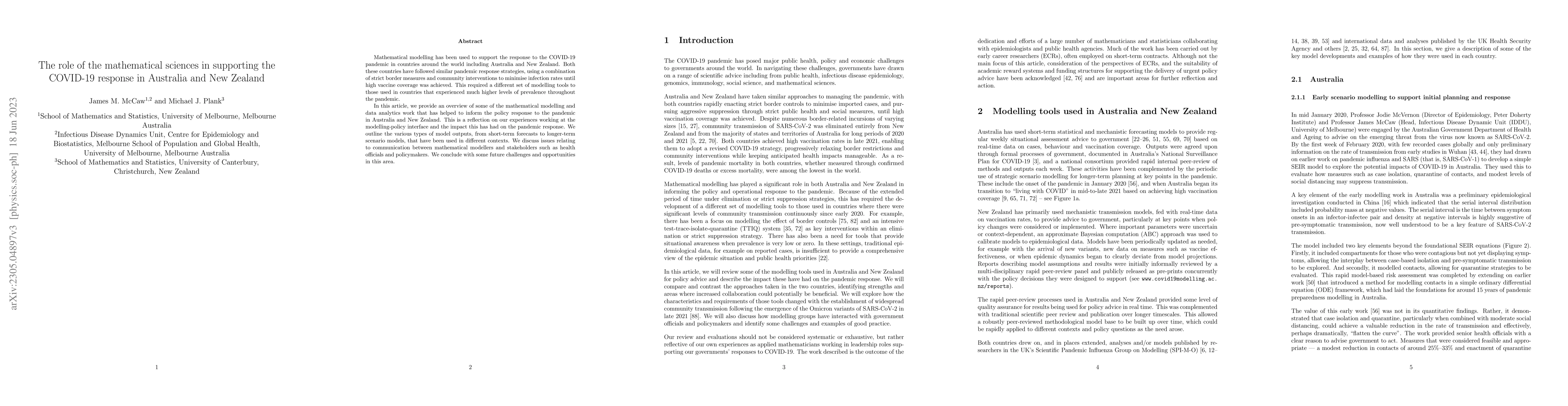 Thumbnail for The role of the mathematical sciences in supporting the COVID-19
  response in Australia and New Zealand