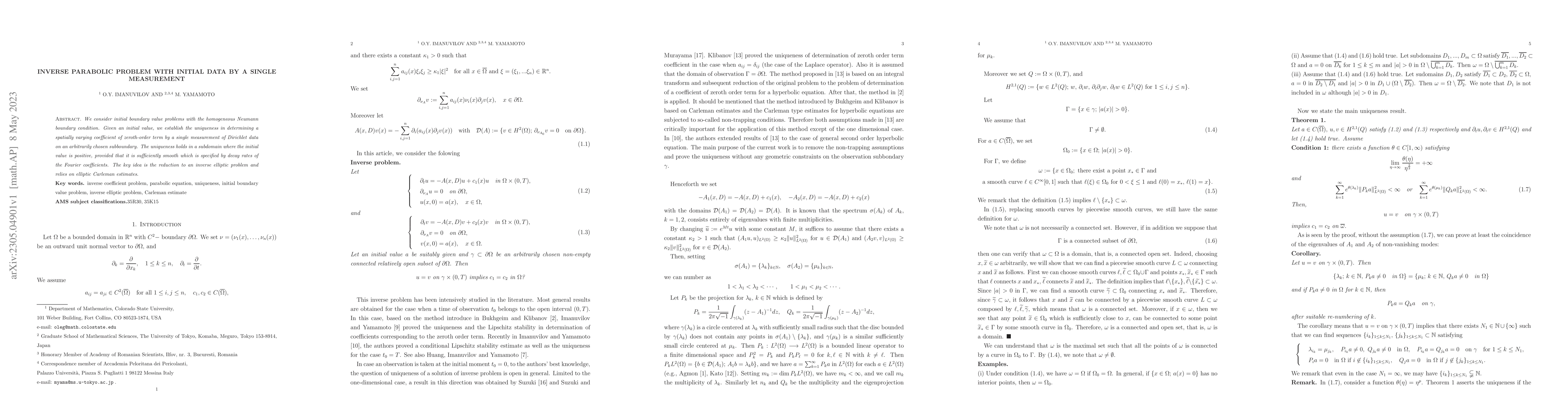 Thumbnail for Inverse parabolic problem with initial data by a single measurement