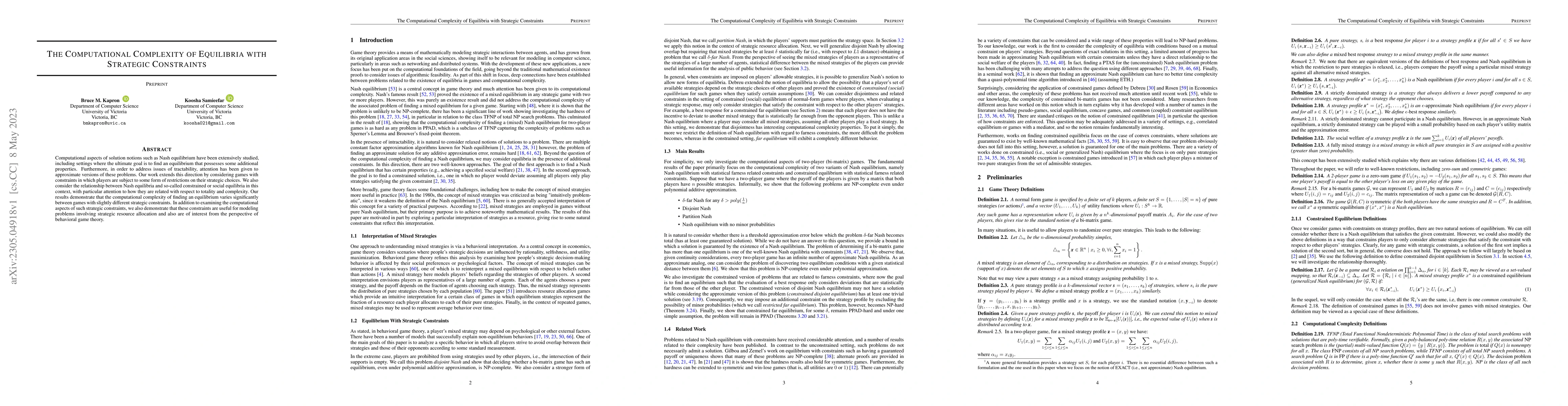 Thumbnail for The Computational Complexity of Equilibria with Strategic Constraints