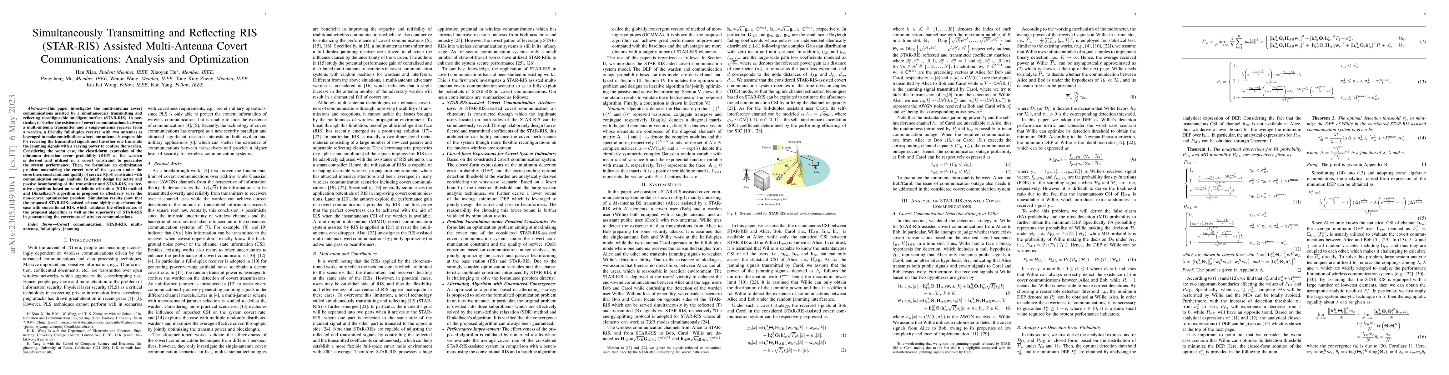 Thumbnail for Simultaneously Transmitting and Reflecting RIS (STAR-RIS) Assisted
  Multi-Antenna Covert Communications: Analysis and Optimization
