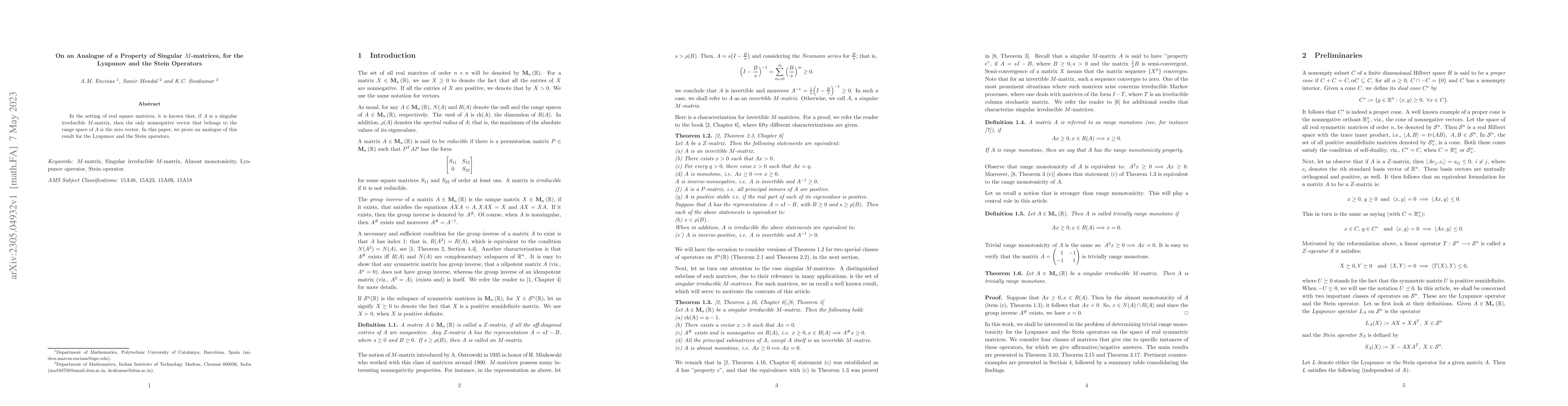 Thumbnail for On an Analogue of a Property of Singular $M$-matrices, for the Lyapunov
  and the Stein Operators