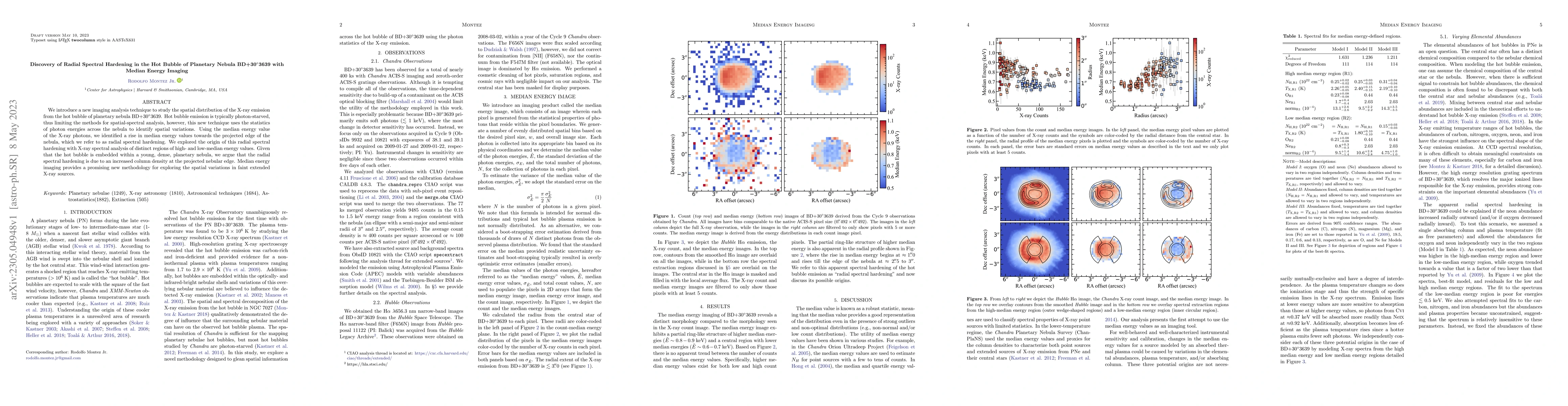 Thumbnail for Discovery of Radial Spectral Hardening in the Hot Bubble of Planetary
  Nebula BD+30 3639 with Median Energy Imaging