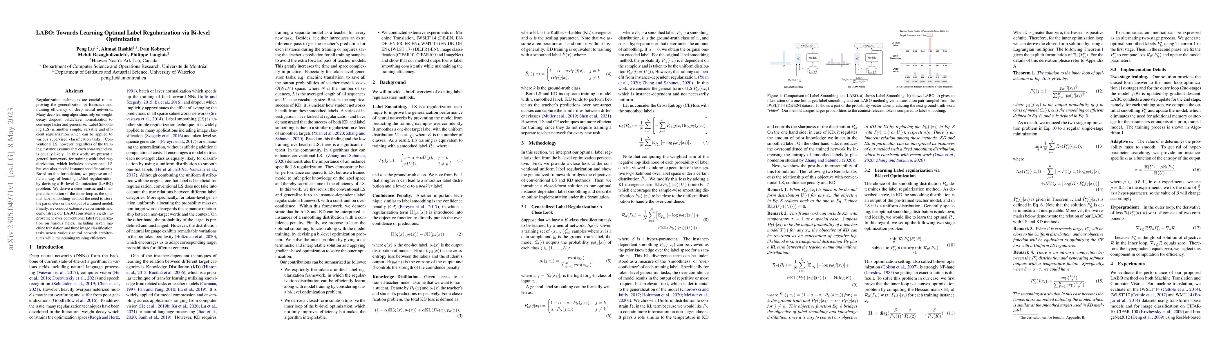 Thumbnail for LABO: Towards Learning Optimal Label Regularization via Bi-level
  Optimization