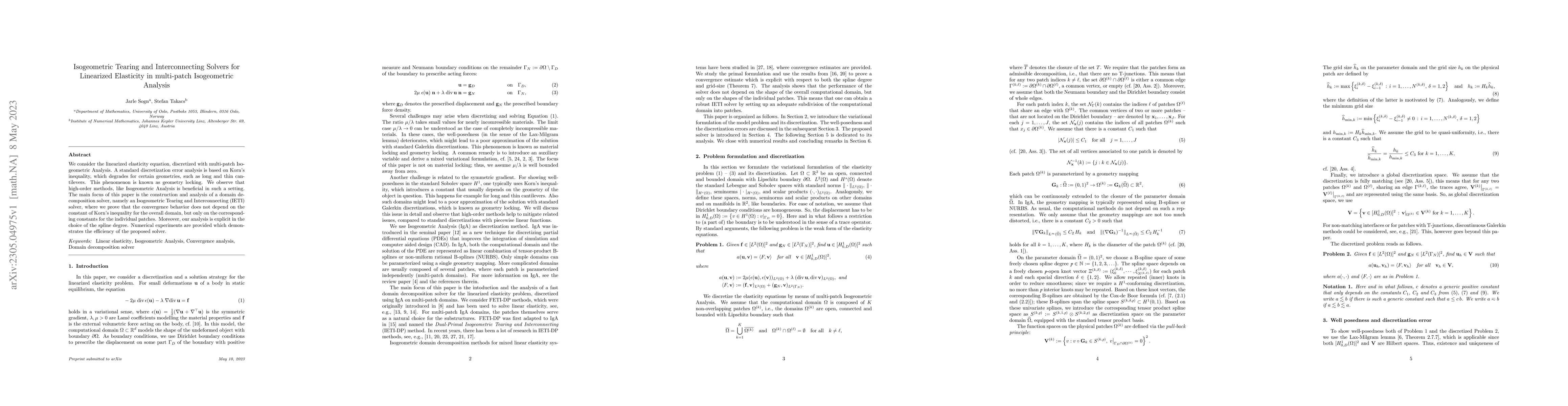 Thumbnail for Isogeometric Tearing and Interconnecting Solvers for Linearized
  Elasticity in multi-patch Isogeometric Analysis