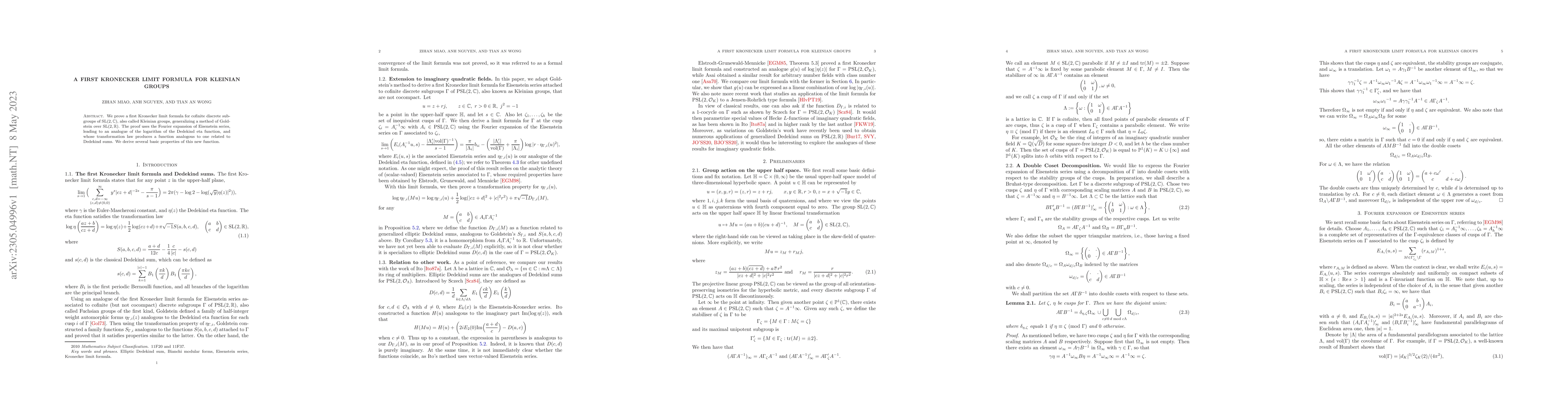 Thumbnail for A first Kronecker limit formula for Kleinian groups