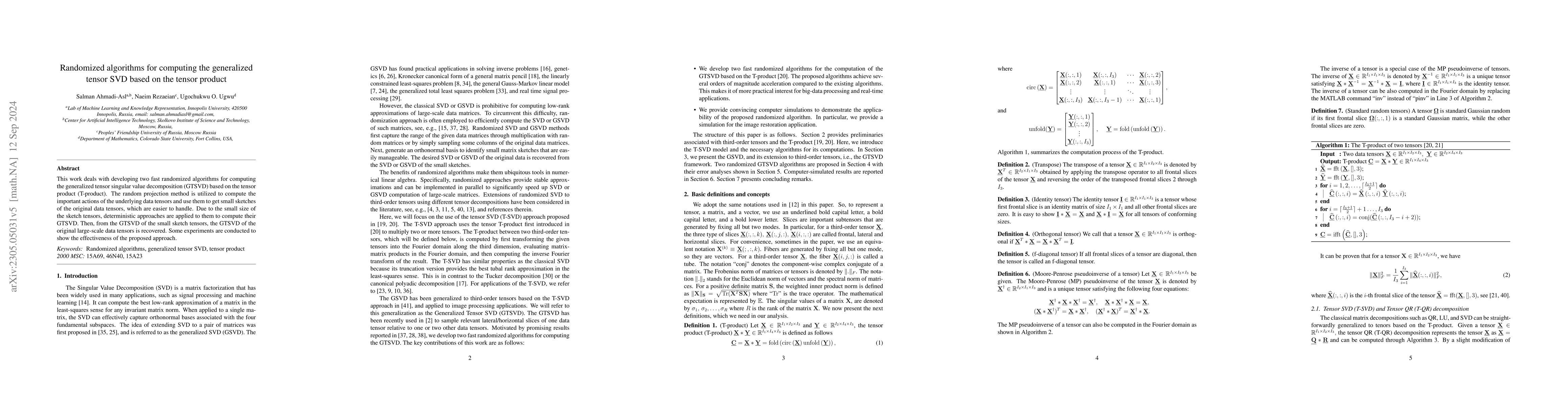 Thumbnail for Fast randomized algorithms for computing the generalized tensor SVD
  based on the tubal product