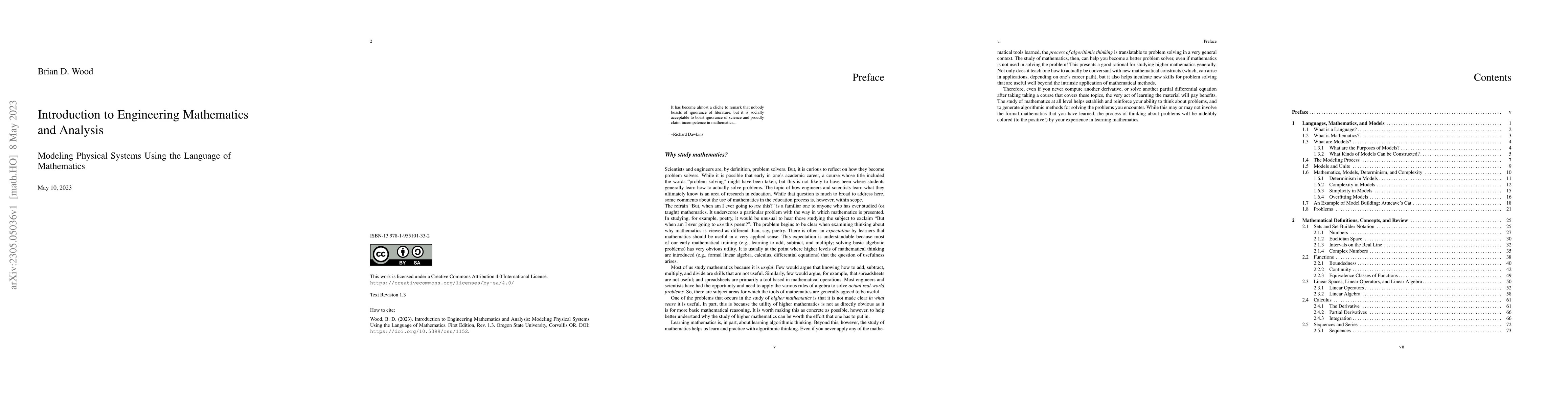 Thumbnail for Introduction to Engineering Mathematics and Analysis: Modeling Physical
  Systems Using the Language of Mathematics