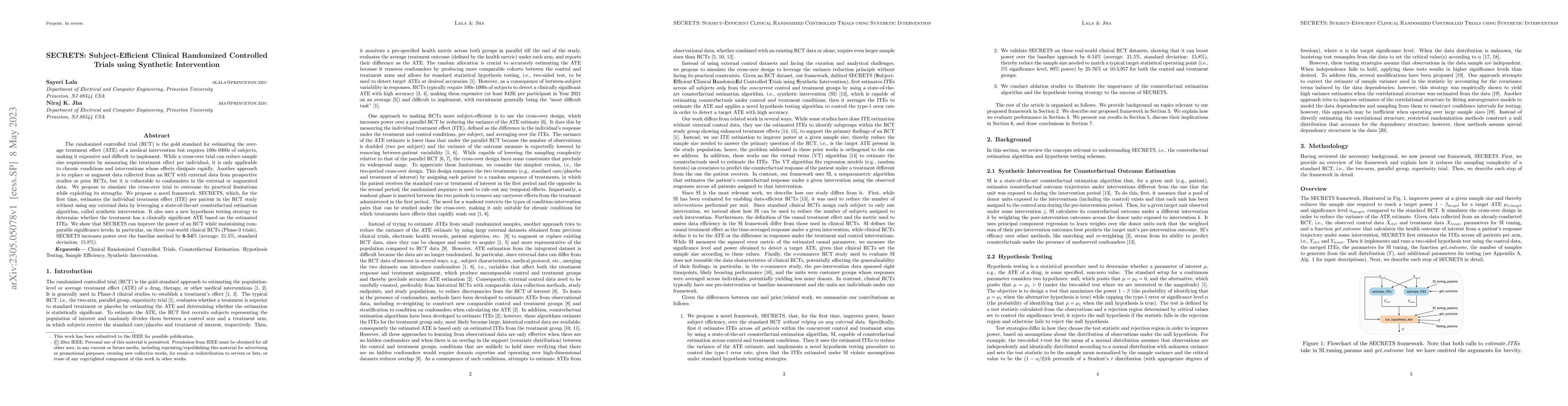 Thumbnail for SECRETS: Subject-Efficient Clinical Randomized Controlled Trials using
  Synthetic Intervention