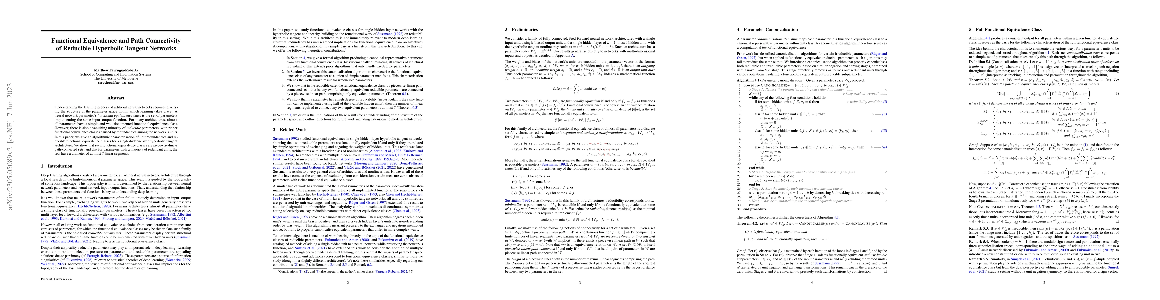 Thumbnail for Functional Equivalence and Path Connectivity of Reducible Hyperbolic
  Tangent Networks