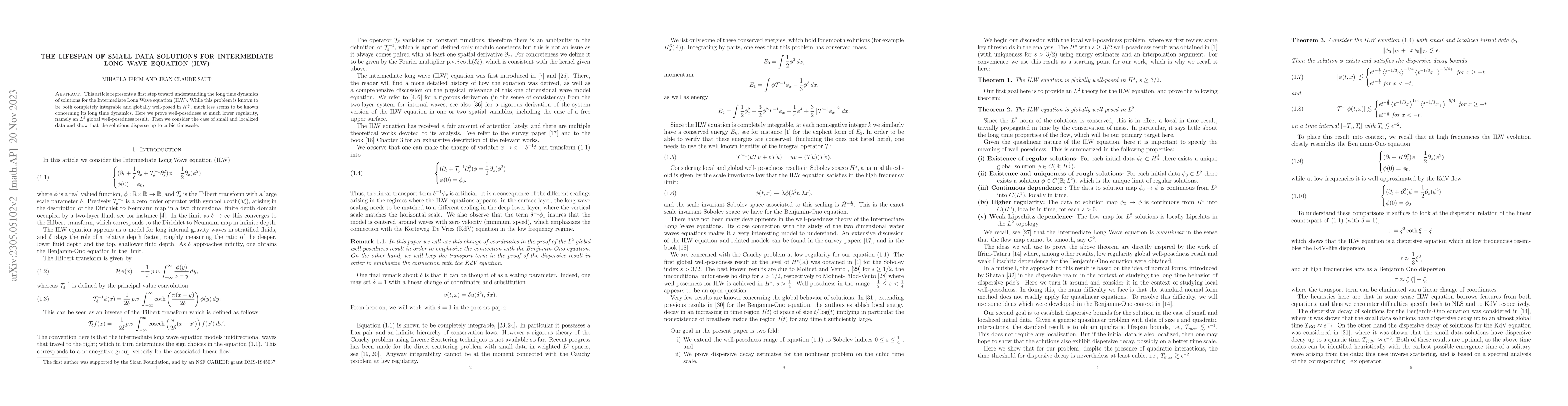 Thumbnail for The lifespan of small data solutions for Intermediate Long Wave equation
  (ILW)