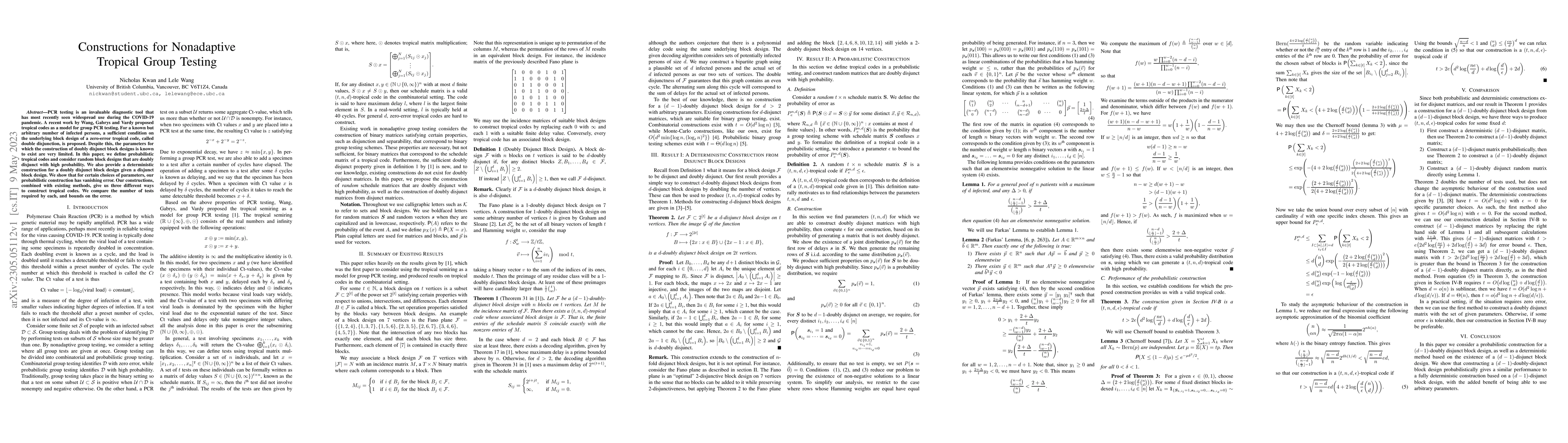 Thumbnail for Constructions for Nonadaptive Tropical Group Testing