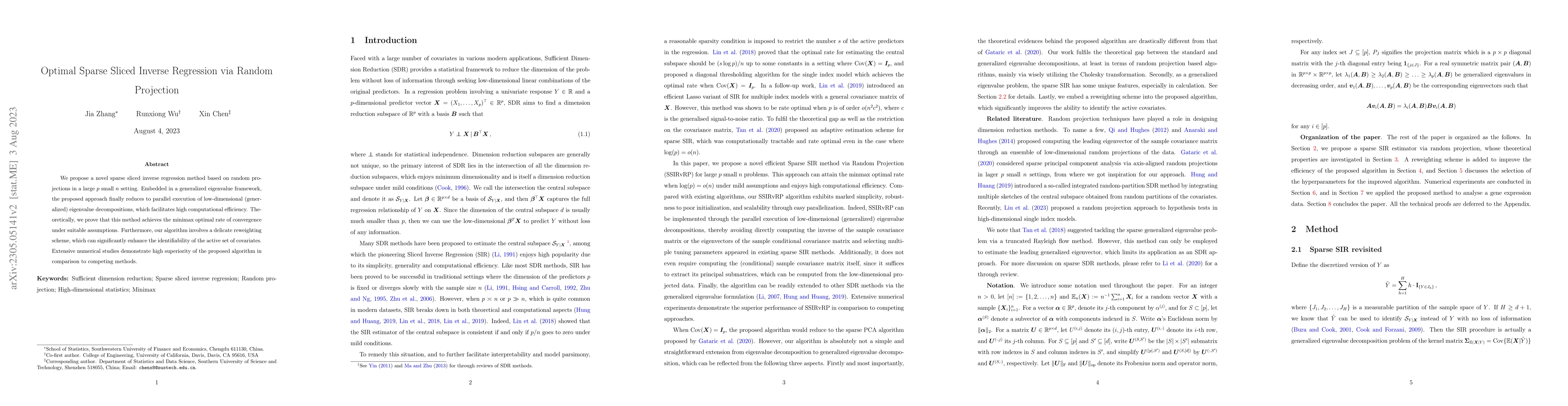 Thumbnail for Optimal Sparse Sliced Inverse Regression via Random Projection