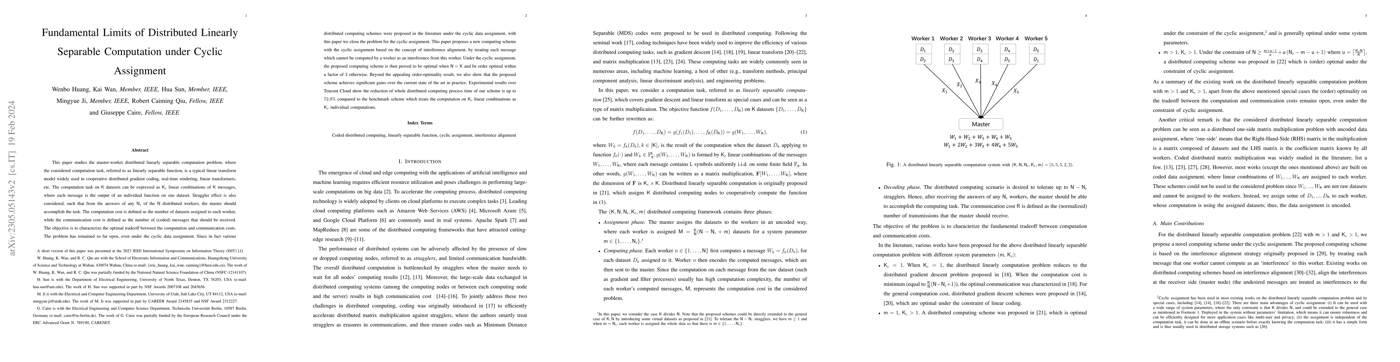 Thumbnail for Fundamental Limits of Distributed Linearly Separable Computation under
  Cyclic Assignment