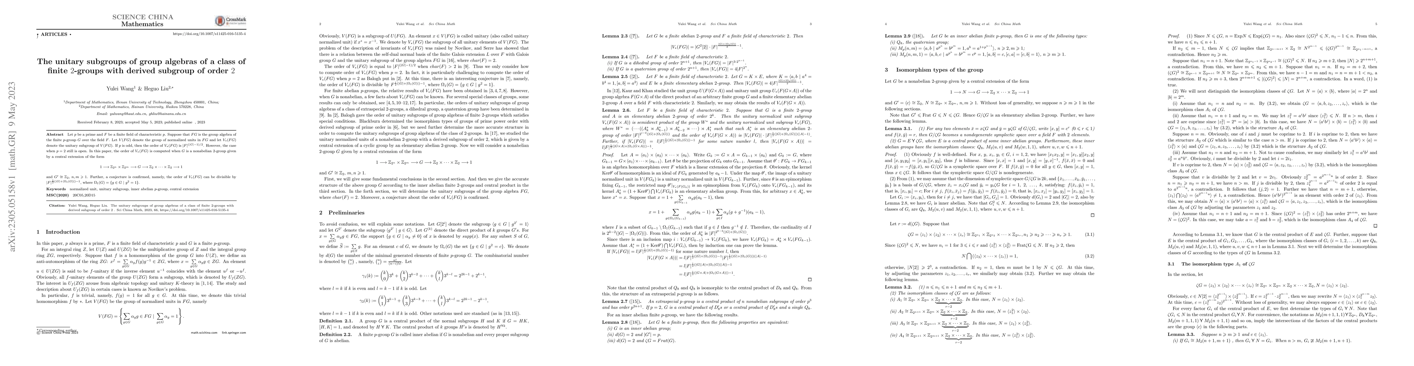 Thumbnail for The unitary subgroups of group algebras of a class of finite $2$-groups
  with derived subgroup of order $2$