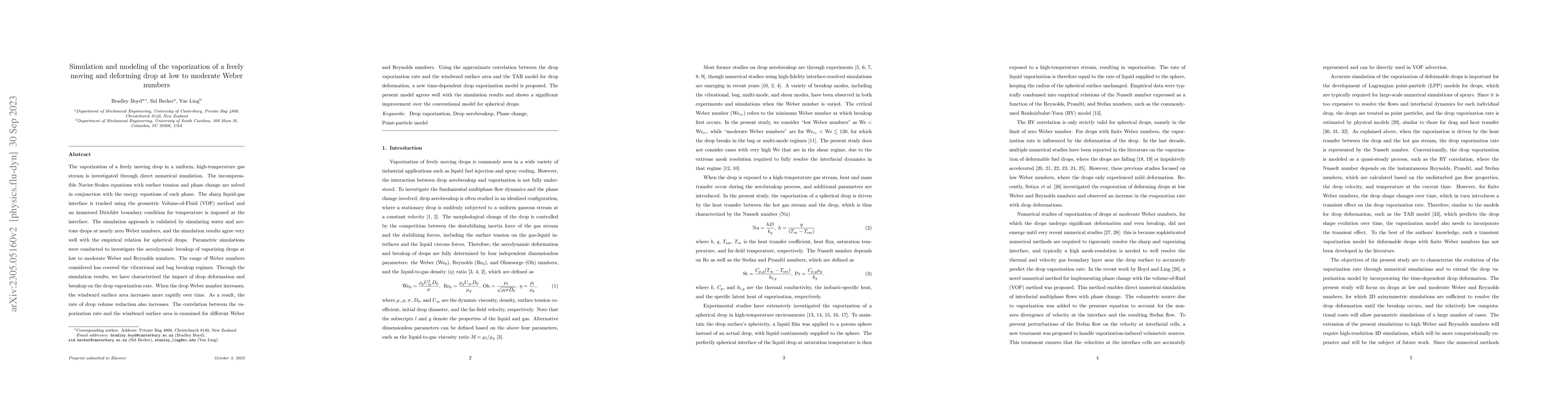 Thumbnail for Simulation and modeling of the vaporization of a freely moving and
  deforming drop at low to moderate Weber numbers