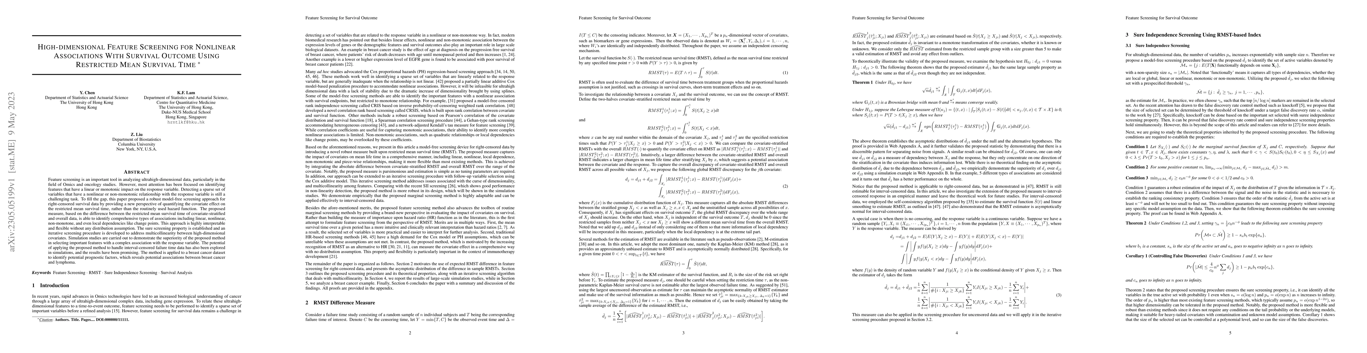Thumbnail for High-dimensional Feature Screening for Nonlinear Associations With
  Survival Outcome Using Restricted Mean Survival Time