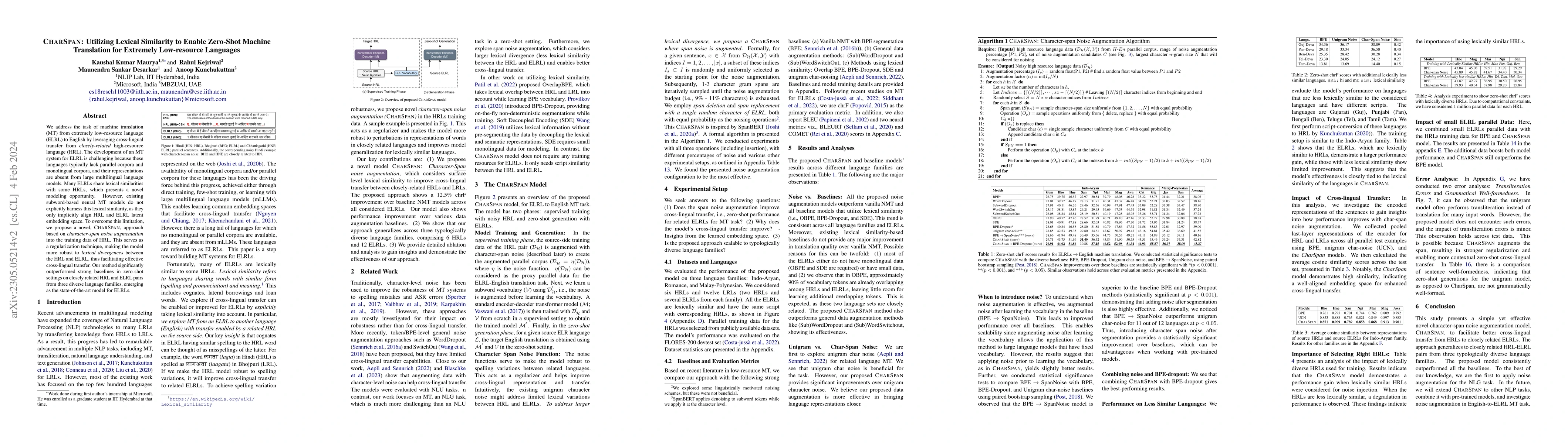 Thumbnail for CharSpan: Utilizing Lexical Similarity to Enable Zero-Shot Machine
  Translation for Extremely Low-resource Languages