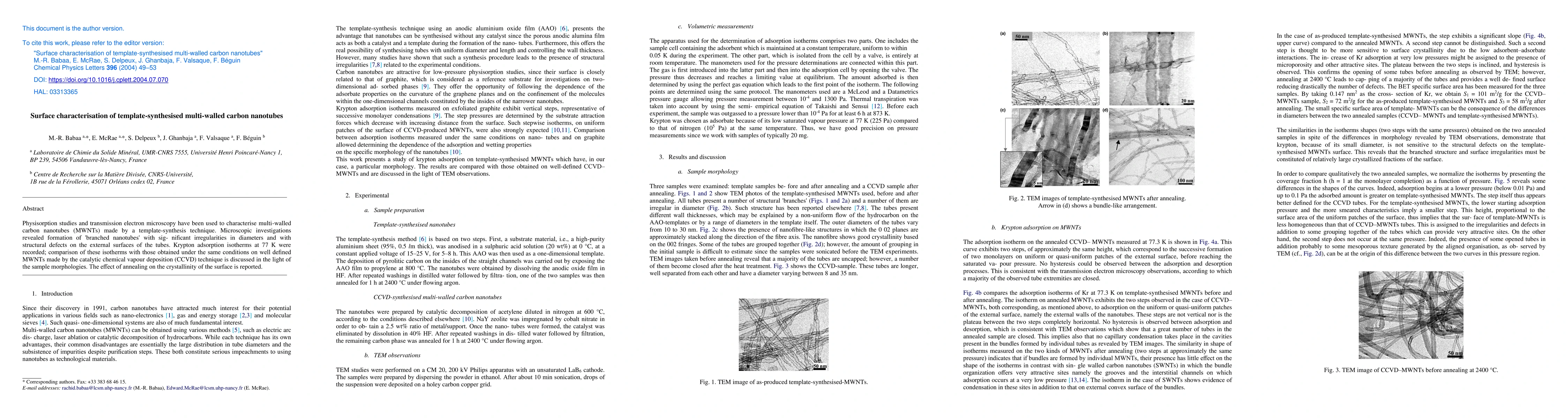 Thumbnail for Surface characterisation of template-synthesised multi-walled carbon
  nanotubes