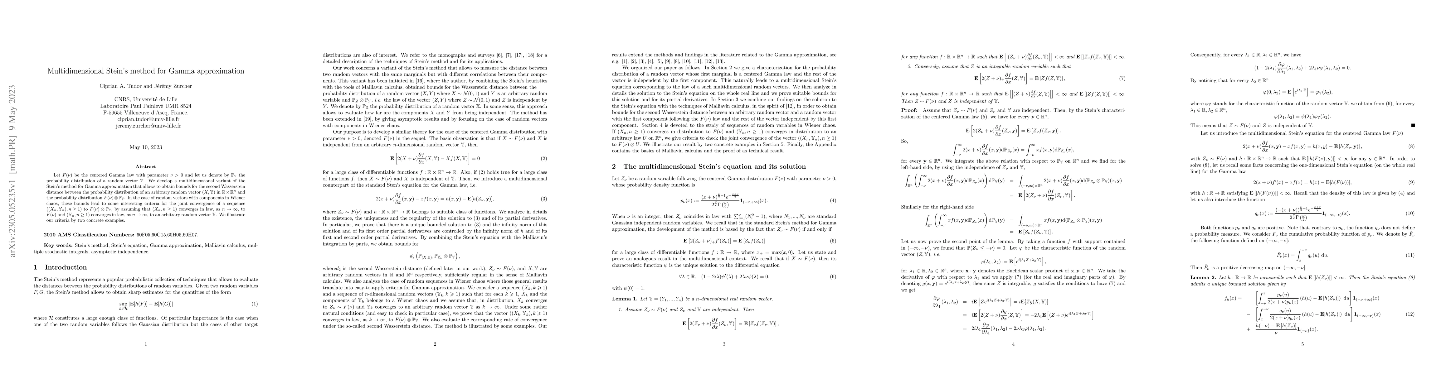 Thumbnail for Multidimensional Stein's method for Gamma approximation