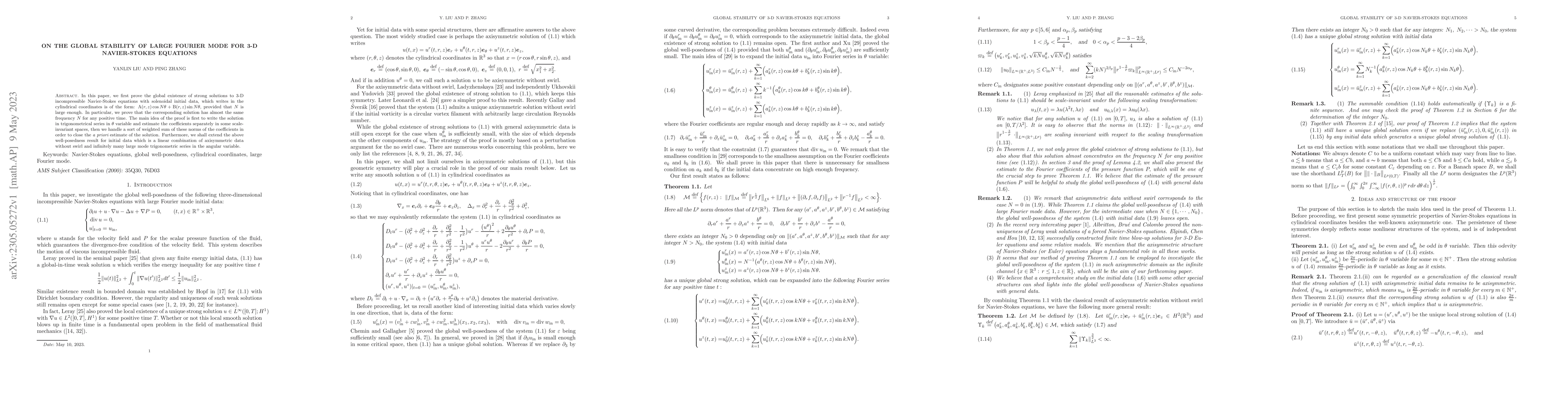 Thumbnail for On the global stability of large Fourier mode for 3-D Navier-Stokes
  equations