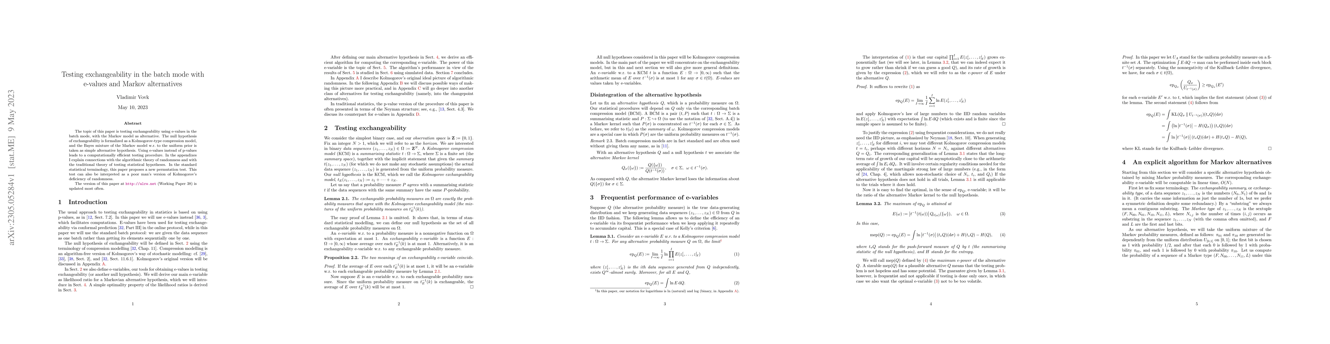 Thumbnail for Testing exchangeability in the batch mode with e-values and Markov
  alternatives