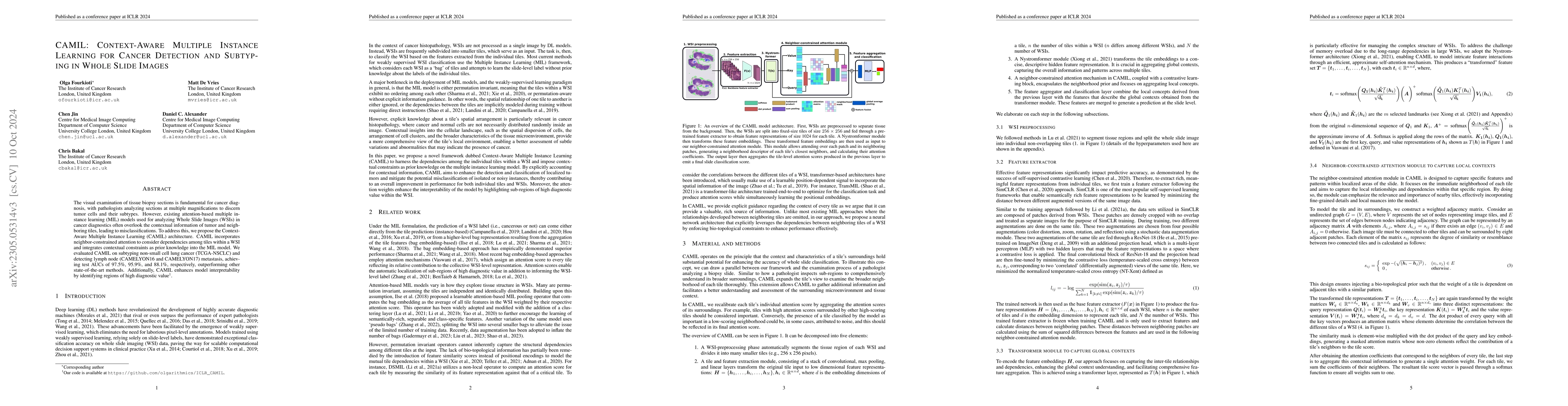 Thumbnail for CAMIL: Context-Aware Multiple Instance Learning for Cancer Detection and
  Subtyping in Whole Slide Images